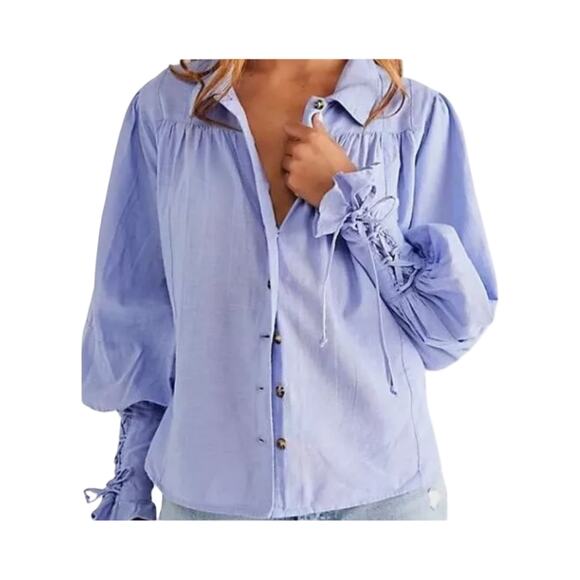 Free People Kiss Kiss Blouse Lilac Blue S | Button Front Lace-Up Cuff Boho Top - Picture 1 of 11